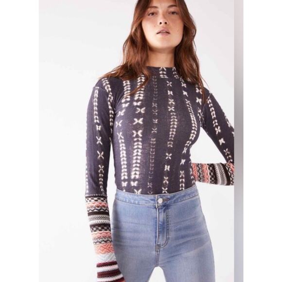 FREE PEOPLE S WONDERFUL SWIT THERMAL CUFF TOP SHIRT CHARCOAL COMBO FALL Boho - Picture 1 of 7